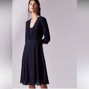 ADOLFO DOMINGUEZ‎ SIZE 44 10 navy blue v-neck midi length lace